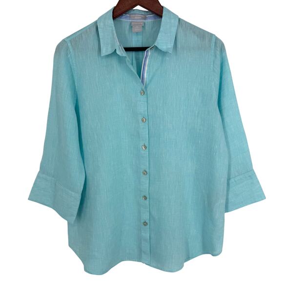 Chicos 0 Sz Small US 4 100% Linen Aqua Blue Tropical Beach Blouse Shirt Top - Picture 1 of 7